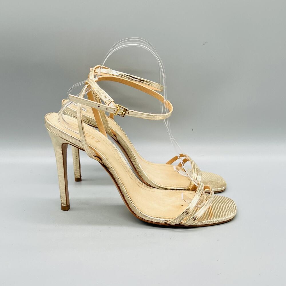 Schutz Sandals Womens 9.5 Gold Leather Strappy Ankle Strap Stiletto Heel Shoes